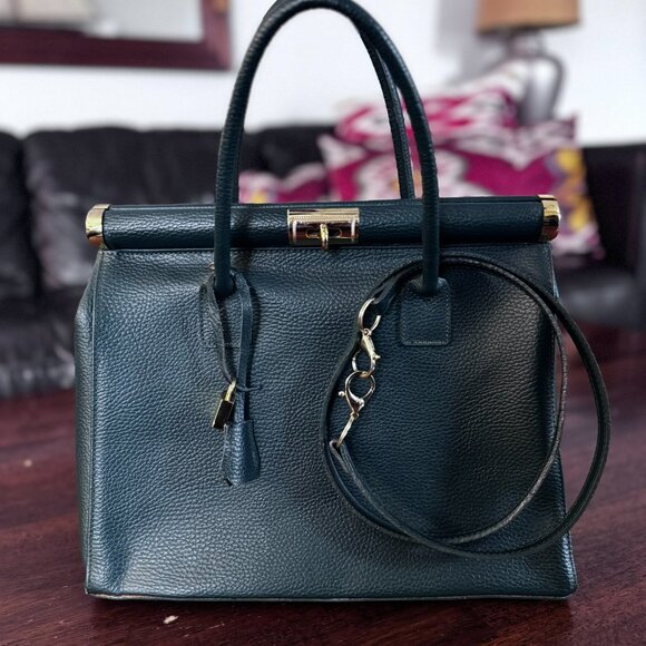 Italian Green Leather Satchel – Structured Top Handle Bag w/ Gold Tone Hardware - Picture 8 of 9
